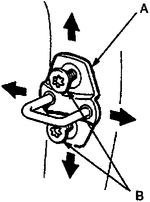 Diagram of a door striker assembly with arrows indicating adjustment directions and labels A and B. Text below indicates screw size 8 x 1.25 mm and torque (18 Nm).