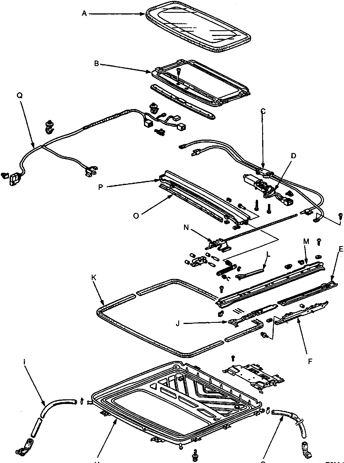 Exploded view diagram of the sunroof assembly showing components labeled A through Q, including glass, frame, motor, rails, and drain tubes.