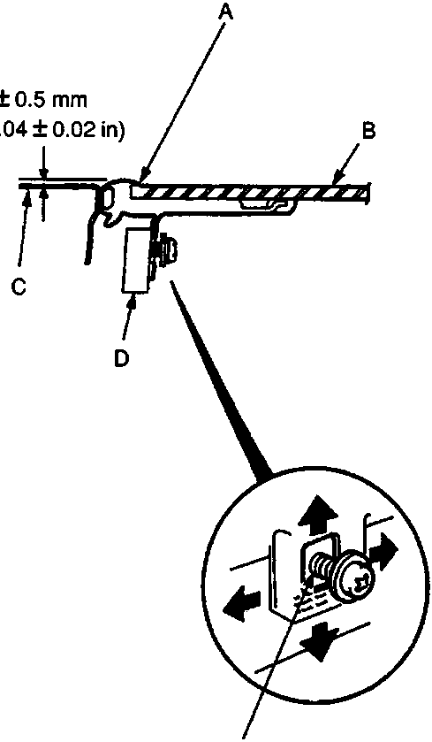 Diagram showing glass weatherstrip, glass, roof panel, glass bracket, and adjustment screw at position E with dimension 1 ± 0.5 mm