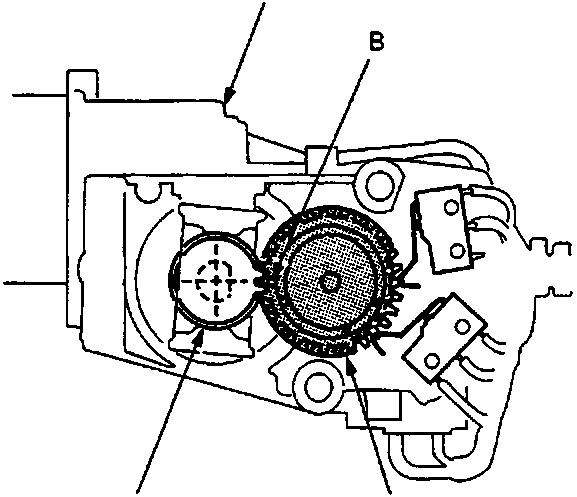 Diagram showing motor, hole, idle cam, and transmission gear labels A, B, C, D.