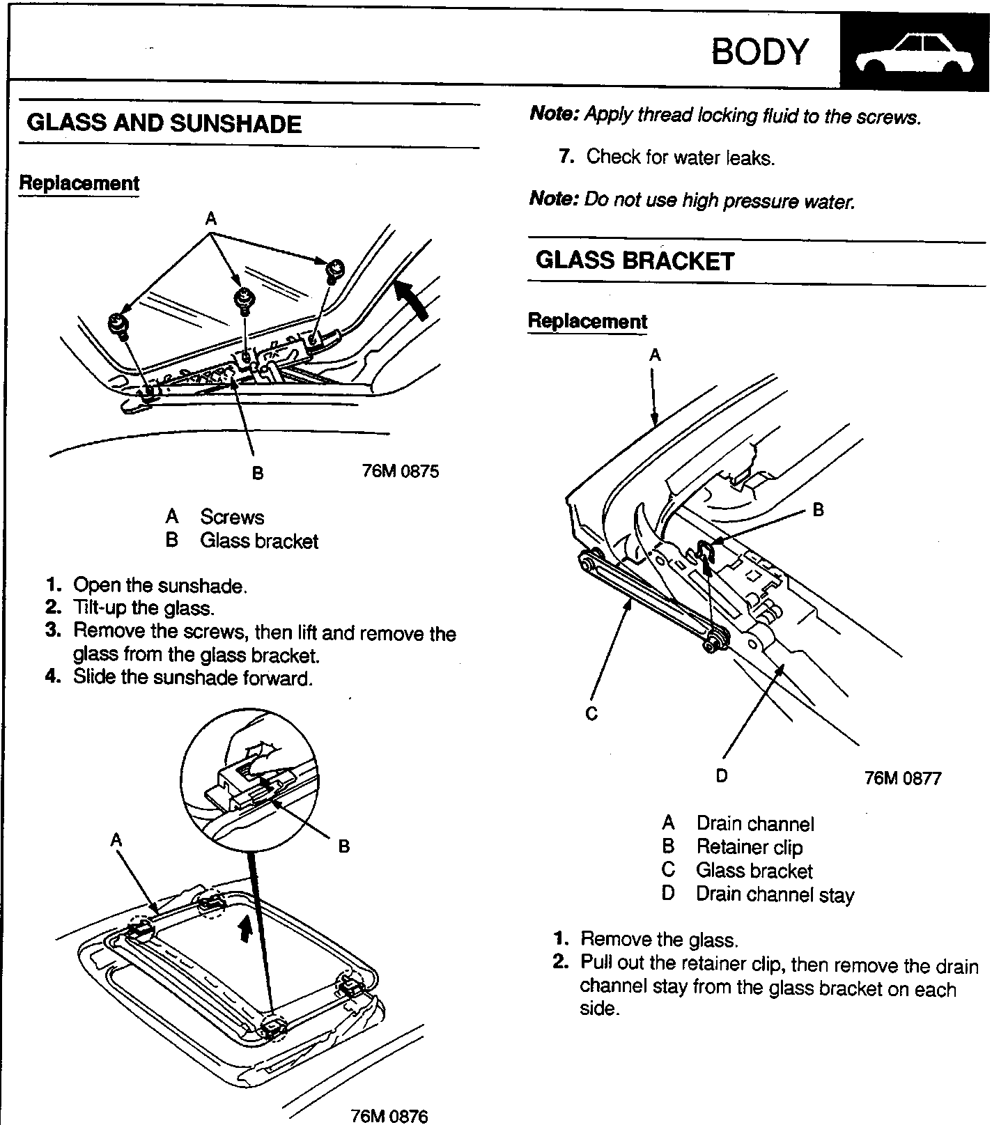Diagram showing sunshade and glass bracket with callouts A (Screws) and B (Glass bracket), reference 76M 0875