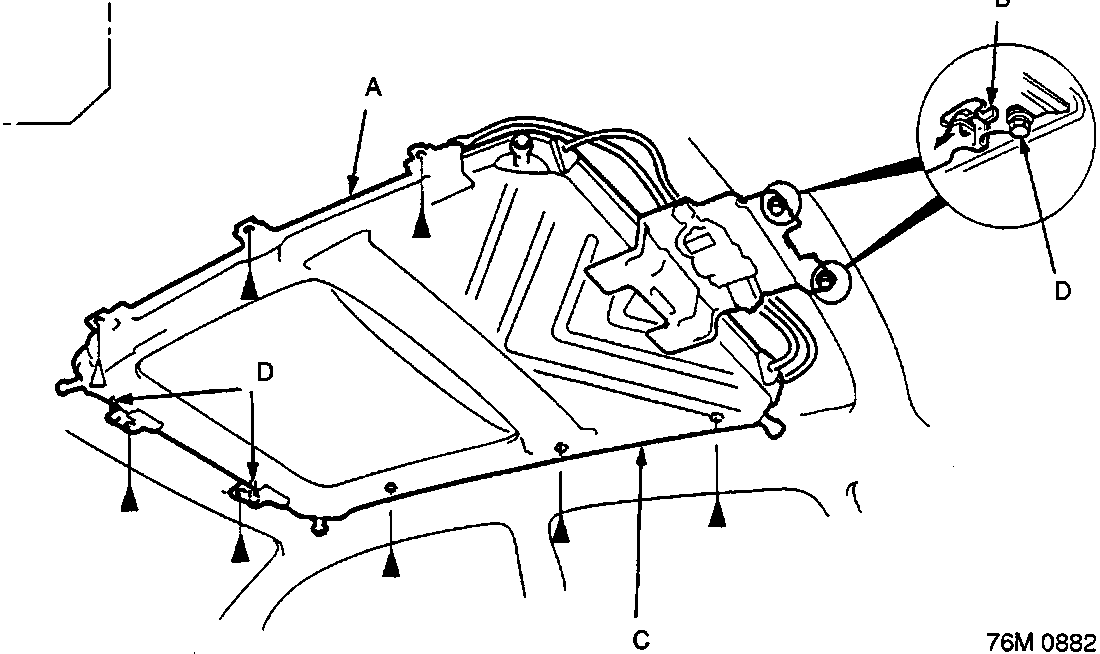 Diagram of sunroof frame showing bolt locations marked by black triangles, with callouts A (Frame seal), B (Rear hook), C (Frame), and D (rear bolt position).