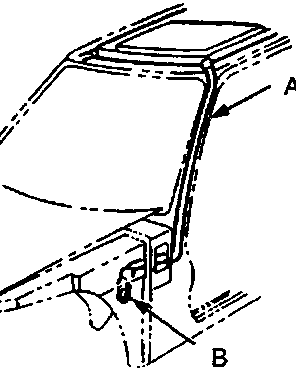 Detail of front drain tube (A) and drain valve (B) location in the front pillar.