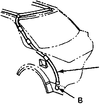 Detail of rear drain tube (C) and drain valve (B) location in the rear pillar.