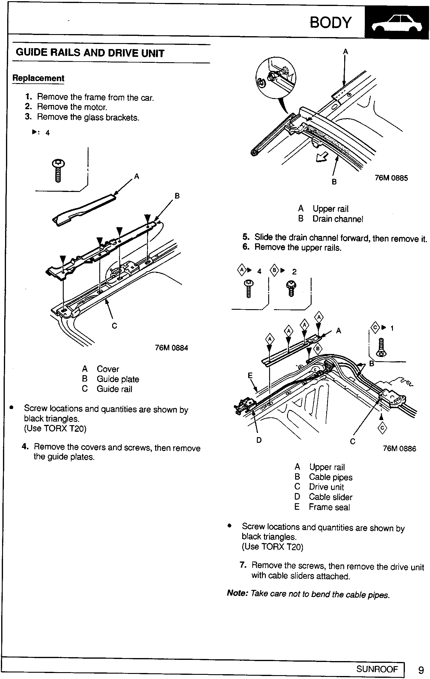 Exploded view of guide rail assembly showing cover, guide plate, and guide rail with screw locations marked by black triangles. Figure number 76M 0884.
