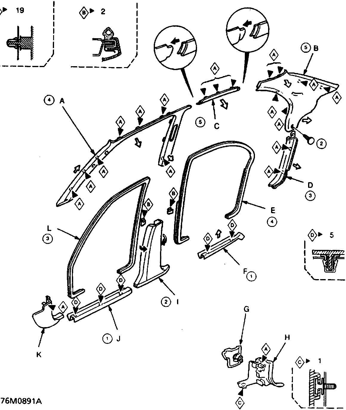 Exploded view diagram of interior trim components including pillars, door trims, and kick panels with callout letters A through L and detail insets 1 through 5. Figure number 76M0891A.