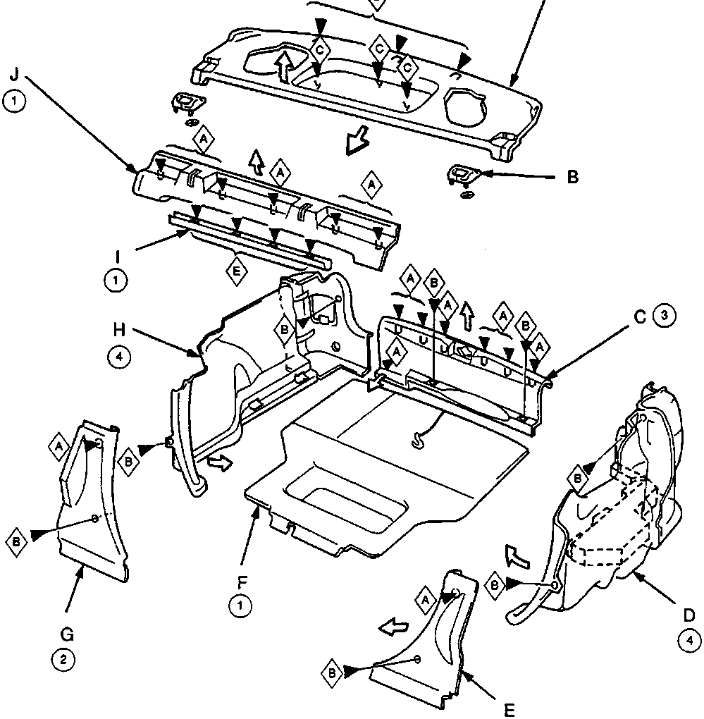 Exploded view of boot trim components showing disassembly sequence and clip locations.