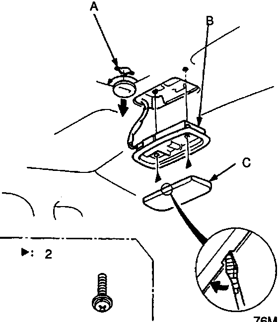 Exploded view of the rear ceiling light assembly showing the socket plug (A), rear ceiling light (B), and lens (C), with a circular inset showing the removal tool.