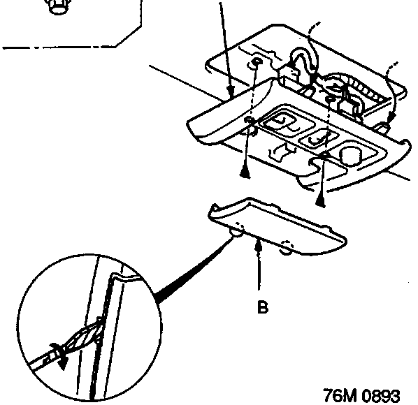 Exploded view of the front ceiling light showing the main unit (A) and the lens (B), with a circular inset detailing the removal tool engagement.