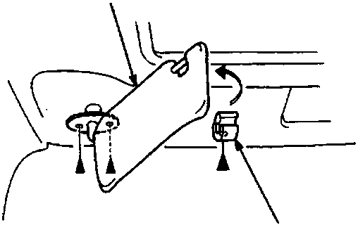 Diagram showing the sunvisor (A) and its holder (B) attached to the vehicle interior, with arrows indicating removal direction.