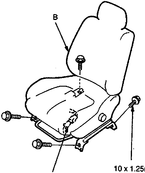 Diagram showing the front seat (B) with bolts being removed at the mounting points (C). Torque specification 10 x 1.25mm 35 Nm is indicated.
