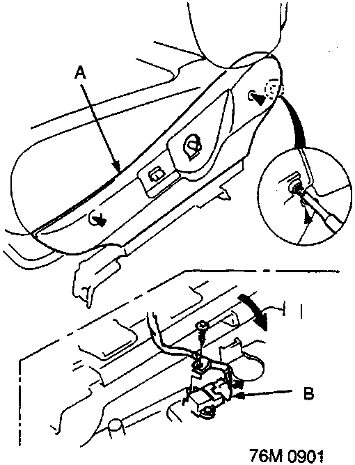 Diagram showing recline cover A, connector B, and screw locations (black triangles) on the seat side mechanism