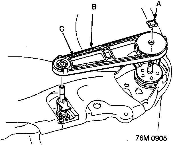 Diagram of recline belt tensioner mechanism with callouts A, B, and C