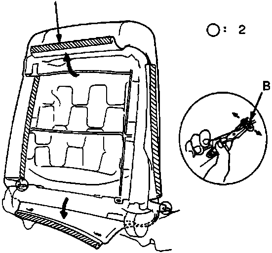 Diagram showing the rear of a seat-back with label A pointing to a hook, two circles indicating clip locations, and a circular inset detail showing a clip being removed. Figure number 76M 0910.