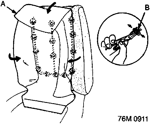 Diagram showing the seat-back cover being pulled away, with label A on the cover, label B on a clip, fourteen dotted circles indicating clip locations, and a circular inset detail. Figure number 76M 0911.