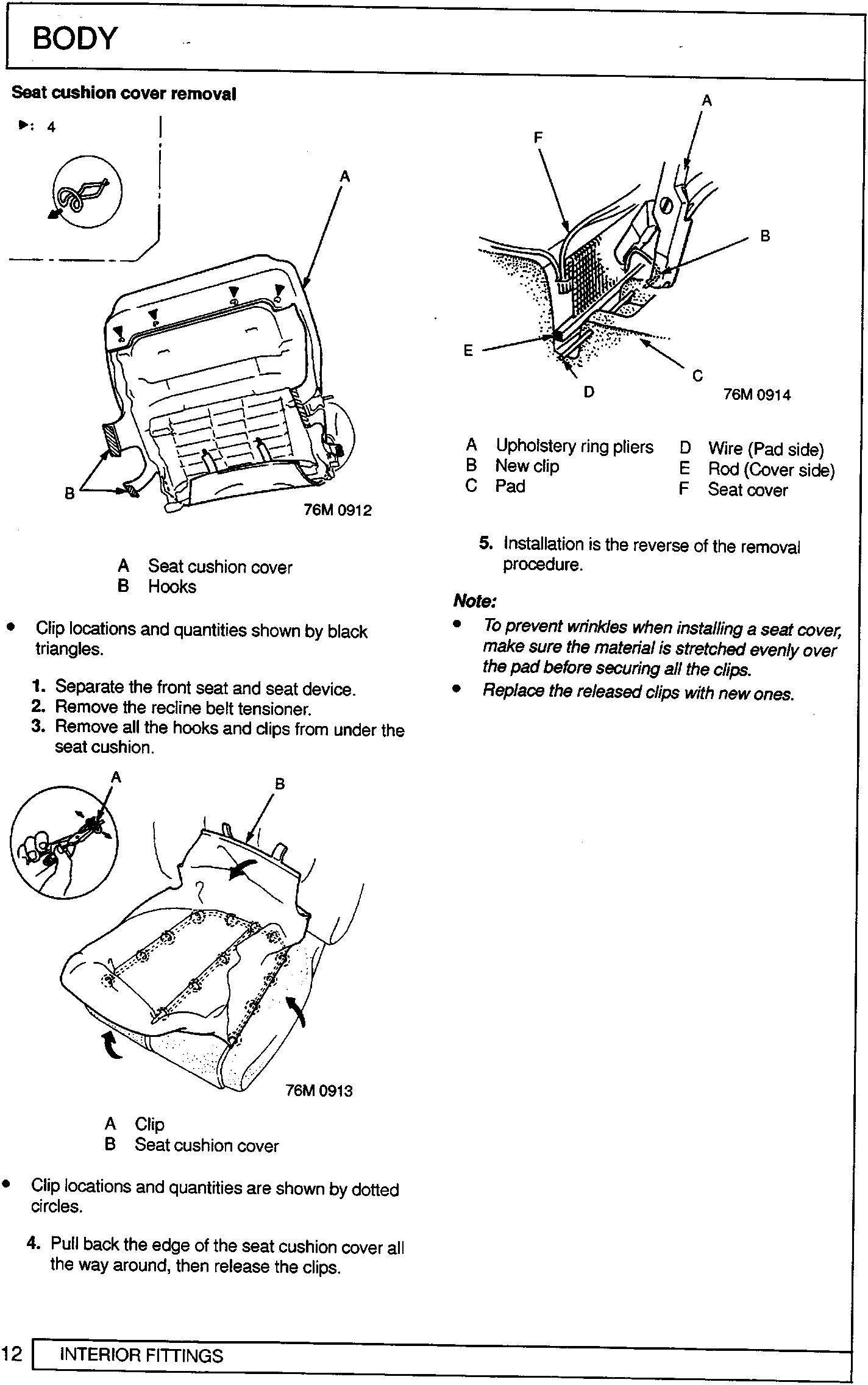 Diagram of seat cushion cover (76M 0912) showing A Seat cushion cover and B Hooks, with a circular inset detail of a clip being released.