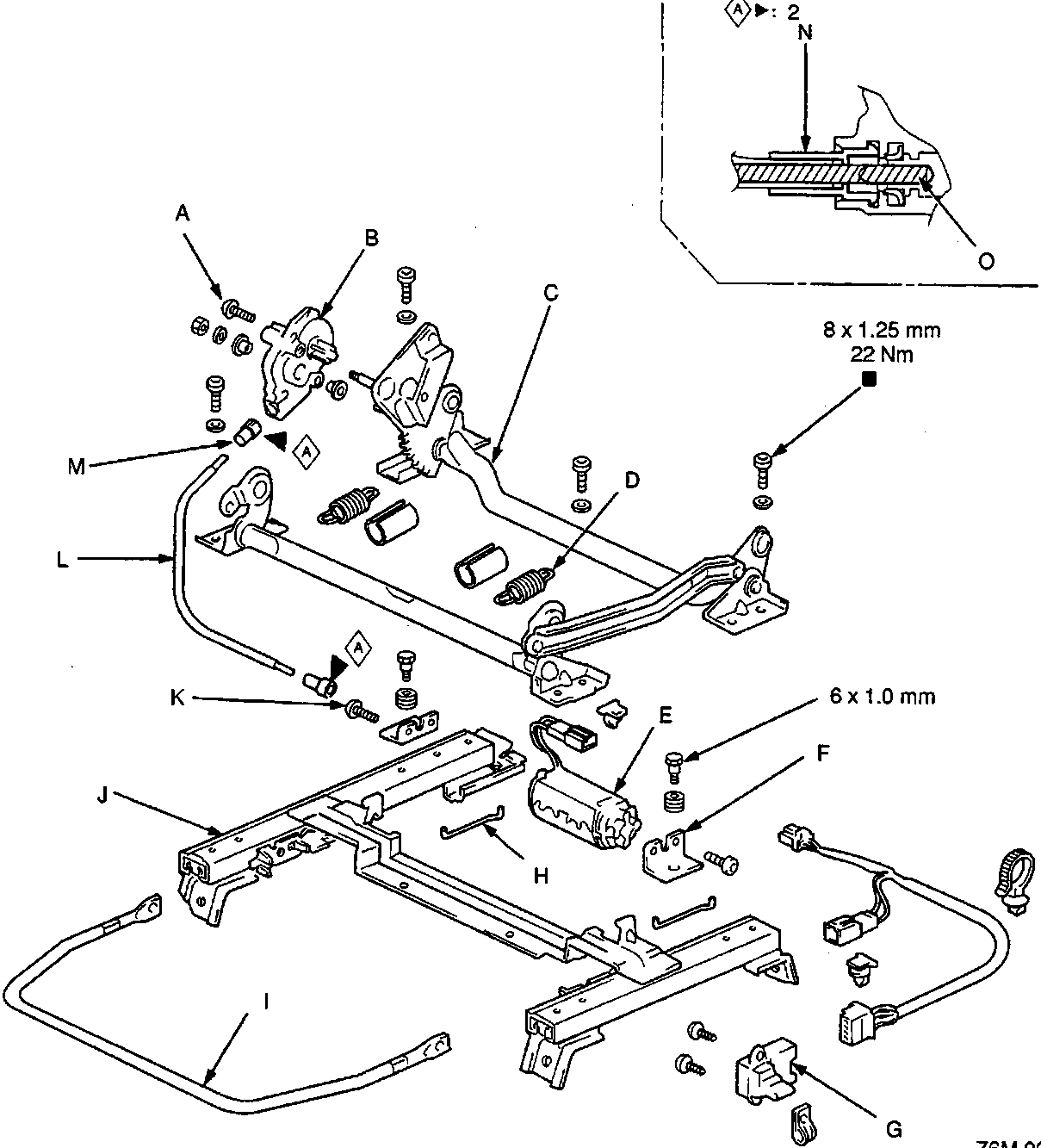 Exploded view diagram of the power height adjustable seat mechanism showing components labeled A through O, including screws, reductor, elevation adjuster, springs, motor, seat track, and cables. Torque values 22 Nm for 8 x 1.25 mm and 6 x 1.0 mm screws are indicated. Diagram number 76M-0916 is in the bottom right corner.