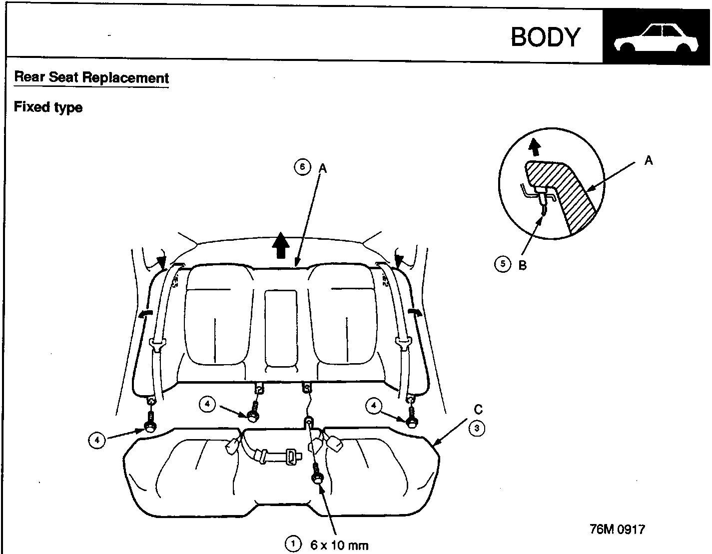 Diagram of rear seat disassembly showing seat-back, hook, and seat cushion with numbered steps and a torque specification of 6 x 10 mm, 10 Nm.