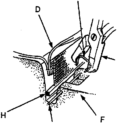 Detailed diagram illustrating the removal of a seat cover clip using upholstery ring pliers, with labels C through H.