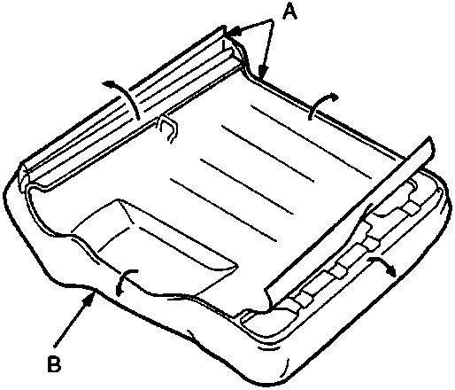 Diagram showing the seat-back cover (B) being detached from hooks (A) on the seat back frame.