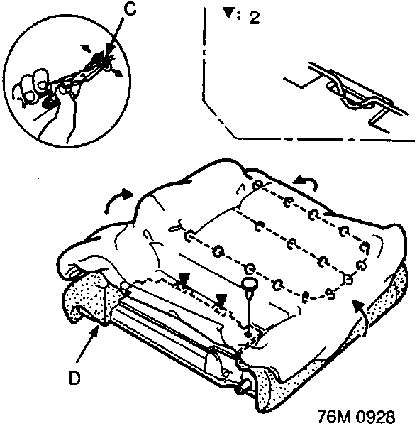 Diagram showing clip locations (circles) and hook locations (black triangles) on the seat-back cover, with a close-up of a clip (C) being removed and the pad (D).