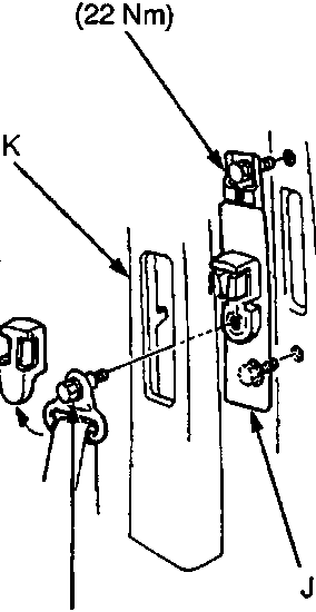 Zoomed-in diagram of the upper shoulder anchor area showing the anchor cover, upper anchor bolt, and slide anchor adjuster with callout letters H through J. Torque values are indicated.