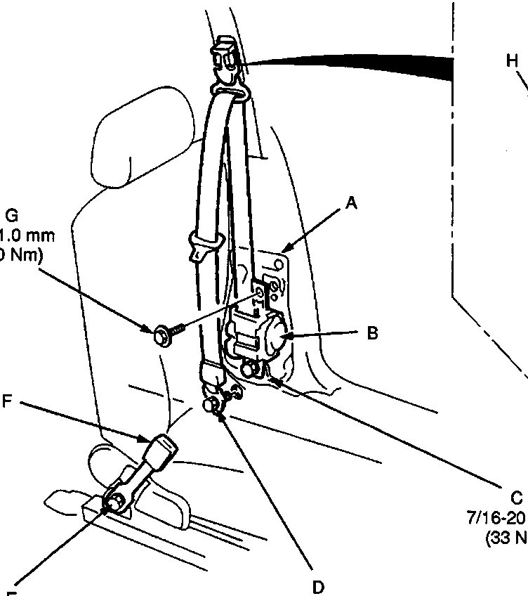 Diagram of front seat belt assembly showing retractor, anchor bolts, and buckle with callout letters A through G. Torque values are indicated for various bolts.