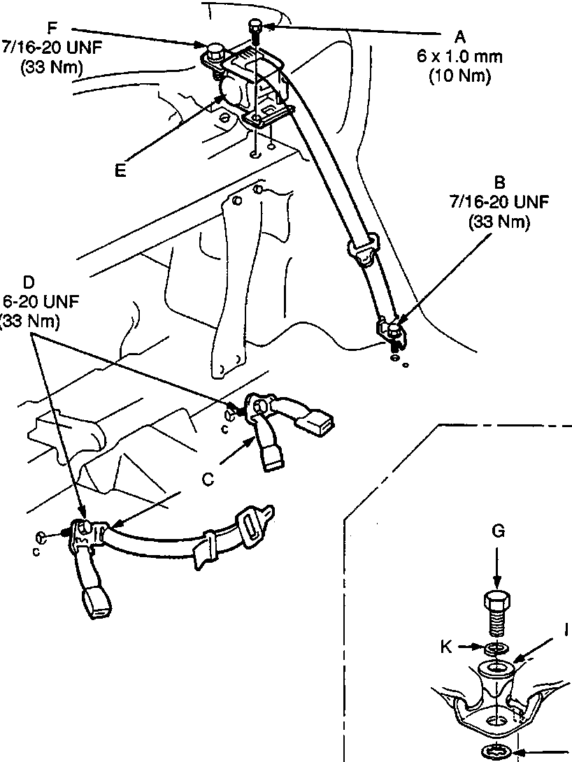 Diagram of rear seat belt retractor and anchor bolt assembly with callout labels A through K