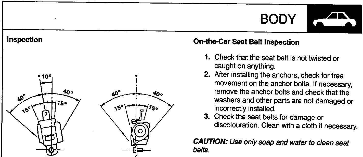 Diagram showing seat belt anchor mounting angles with labels A and B, indicating degrees of tilt (40°, 15°, 10°) for forward and inside positions.
