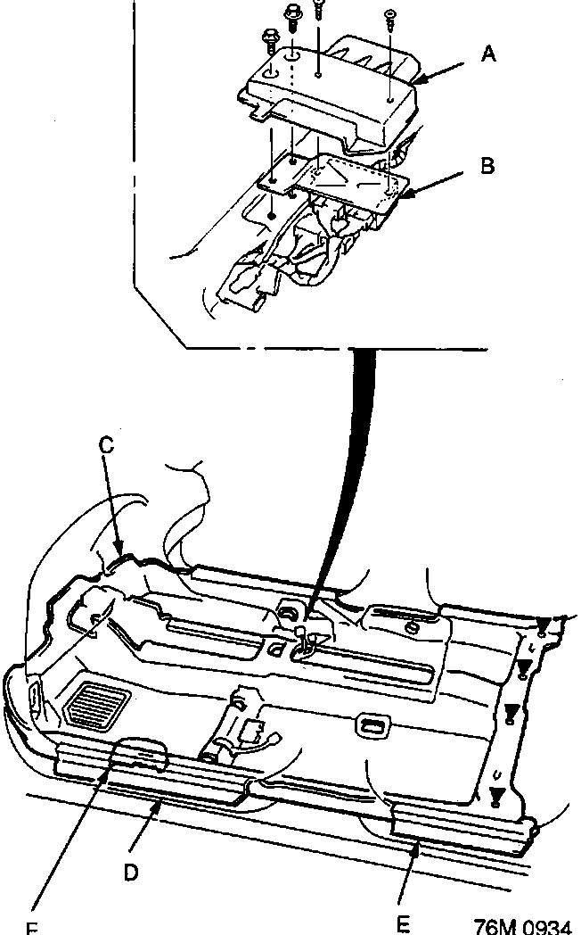 Diagram showing unit cover, control unit, carpet, door sill mouldings, and opener cover with callouts A through F