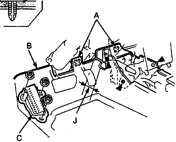 Diagram showing carpet fasteners, foot rest, and door sill moulding with callouts A through J