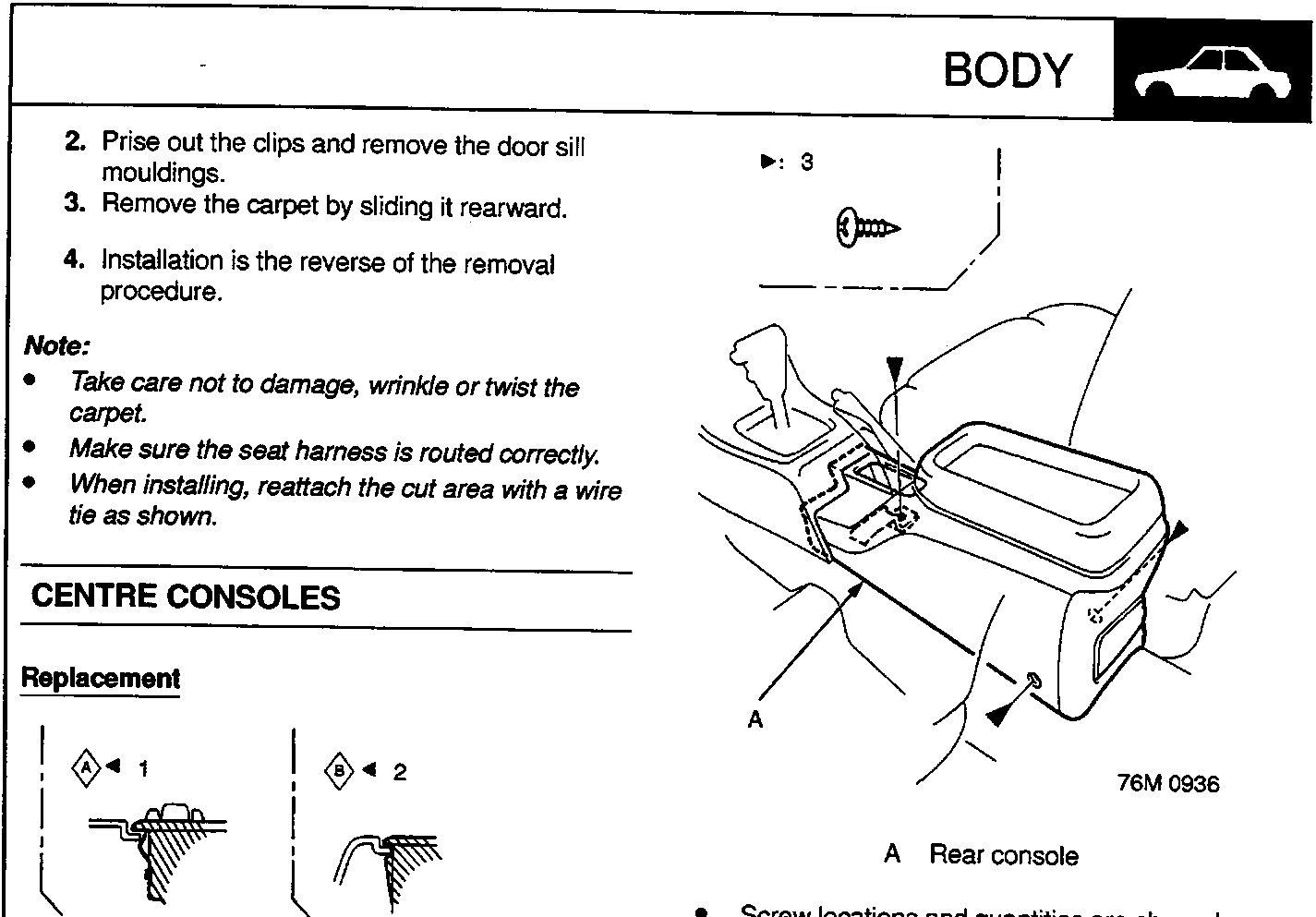 Diagram showing rear console with screw locations marked by black triangles and callout A pointing to the rear console