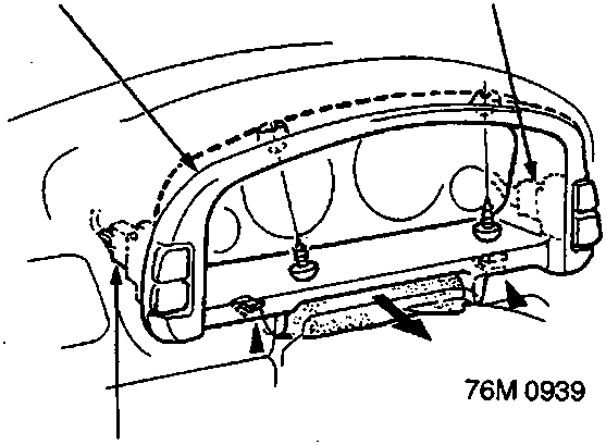 Diagram of the instrument panel showing connector location 'B' and clip positions marked by black triangles. Part A indicates the instrument panel.