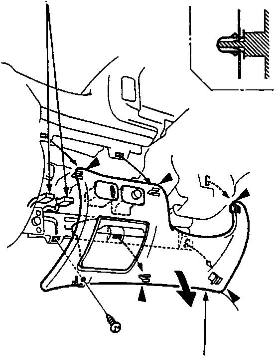 Diagram of the dashboard lower cover showing connector location 'B' and clip positions marked by black triangles. Label A points to the cover.