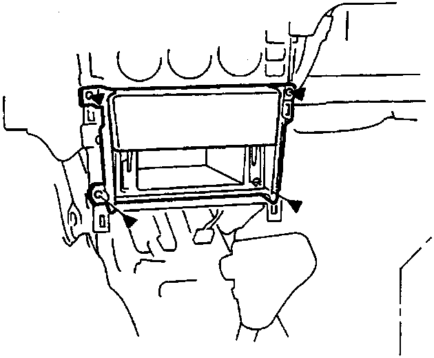Diagram showing the radio panel assembly location within the dashboard, with black triangles indicating screw positions.