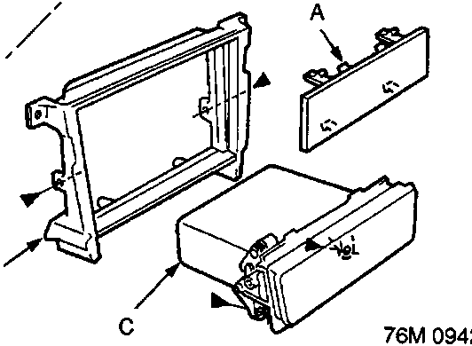 Exploded diagram of the radio panel assembly showing the lid (A), radio panel frame (B), and console pocket (C). A separate detail shows a screw with quantity 8.