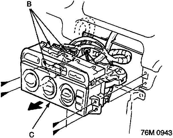 Diagram showing the heater control panel (C) being pulled away, with callouts for connectors (B) and heater control cables (A).