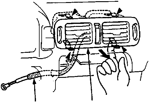 Removal of the centre air vent showing the release of clips (A) and disconnection of the cool vent cable (B)