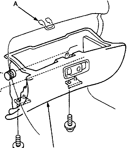 Removal of the glove box showing the striker (A) on the dash and the glove box (B) with its retaining screws