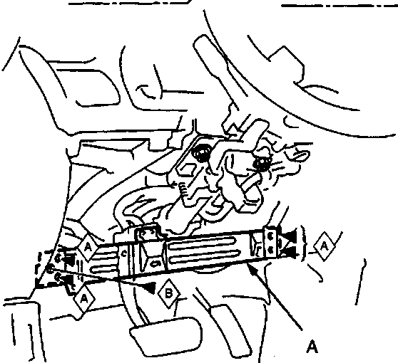 Diagram of the dashboard bracket showing screw and bolt locations labeled A and B, with callouts for items 4 and 1.
