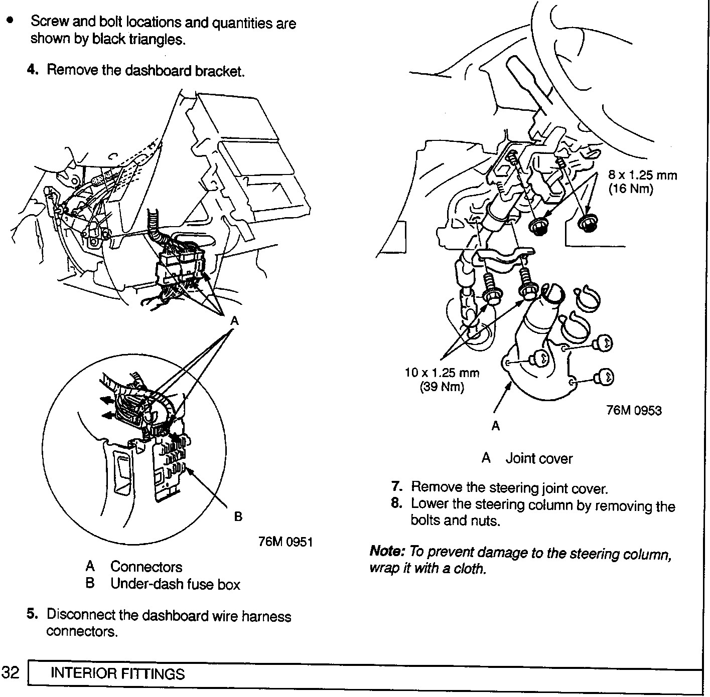 Diagram showing the under-dash area with connectors labeled A and the under-dash fuse box labeled B.
