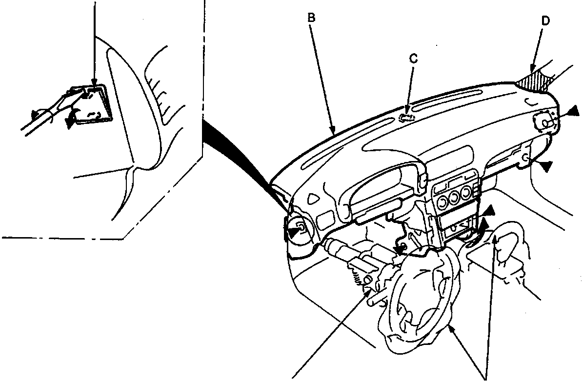 Diagram of dashboard removal showing access cap, dashboard, guide pin, protective tape, cloth, and steering column locations marked A through F.