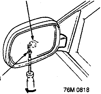 Diagram showing pivot A and mirror holder retaining screw B being loosened via service hole