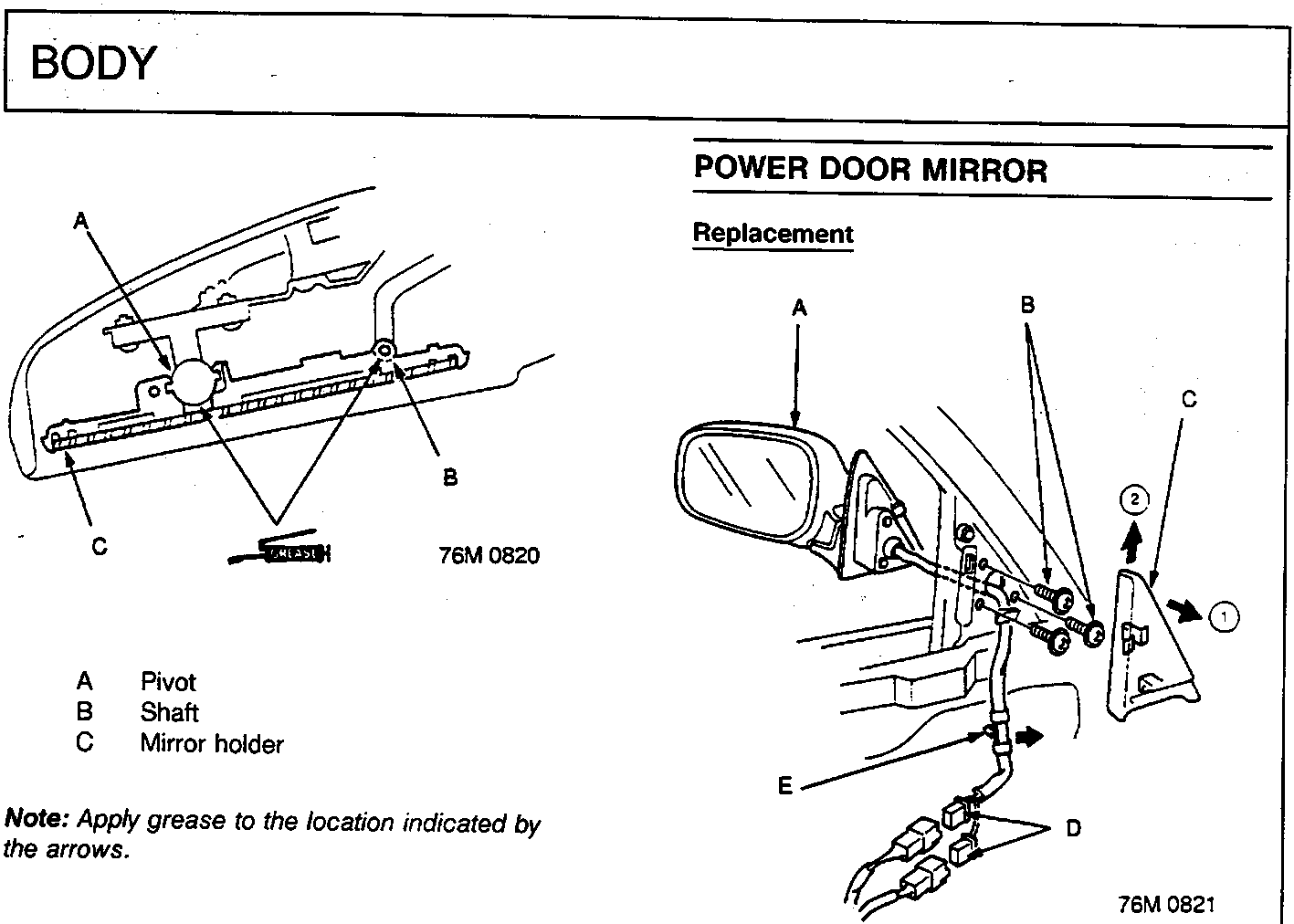 Diagram of power door mirror internal components showing pivot, shaft and mirror holder with grease application points