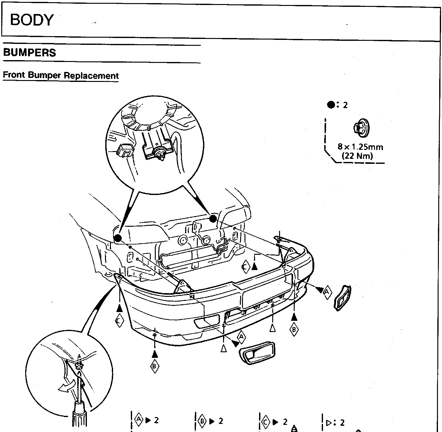 Diagram of front bumper replacement showing locations of screws, bolts, clips, and nuts indicated by triangles and circles. Includes callouts for fastener types A, B, C, D with quantities and a torque specification box.
