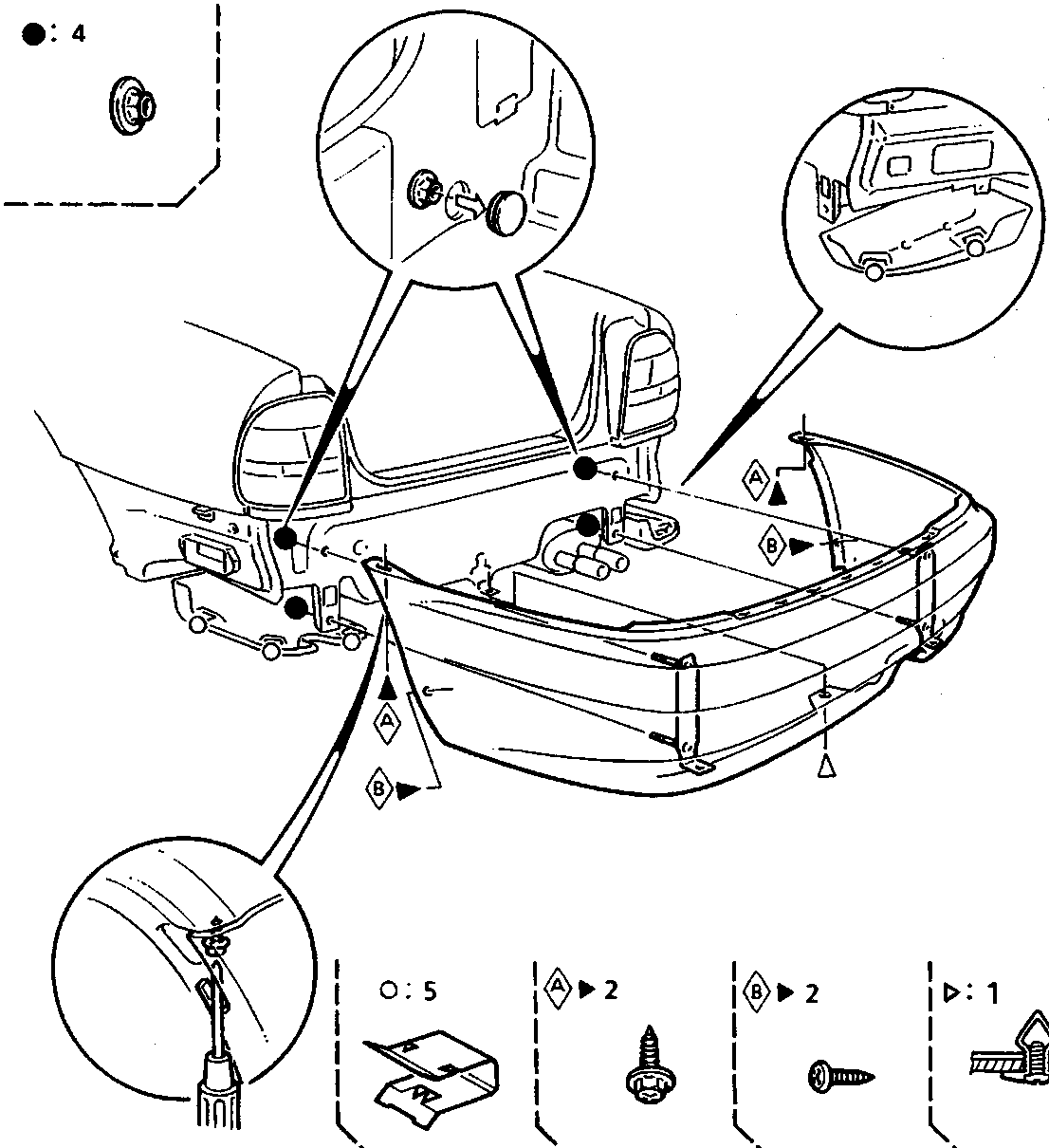 Diagram of rear bumper removal showing locations of screws, bolts, clips, and nuts with callout numbers O: 5, A: 2, B: 2, D: 1, and a detail of a clip being removed. Figure number 76M1201.