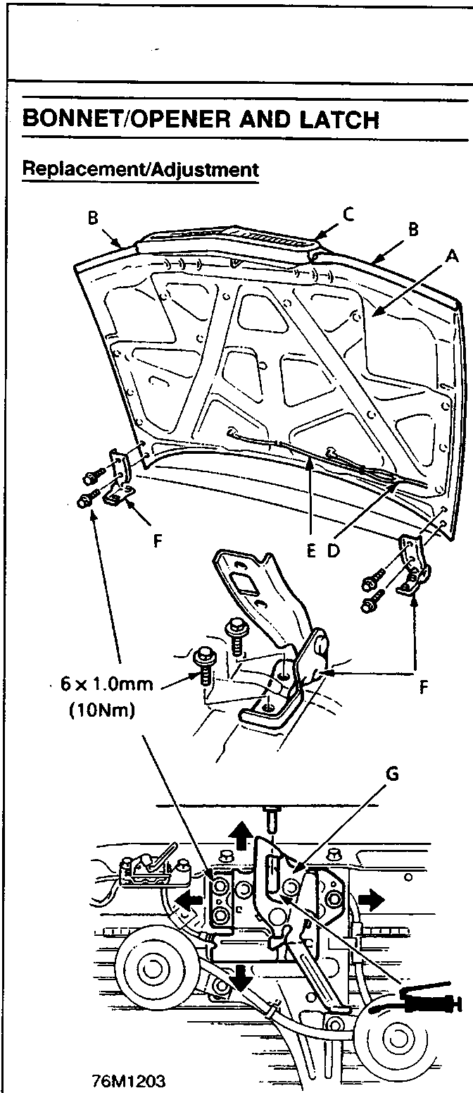 Diagram of bonnet, headlight seals, grille, Y-joint, washer hose, bonnet hinge, and bonnet latch with callout letters A through G. Torque specification 6 x 1.0mm (10Nm) is indicated. Figure number 76M1203.