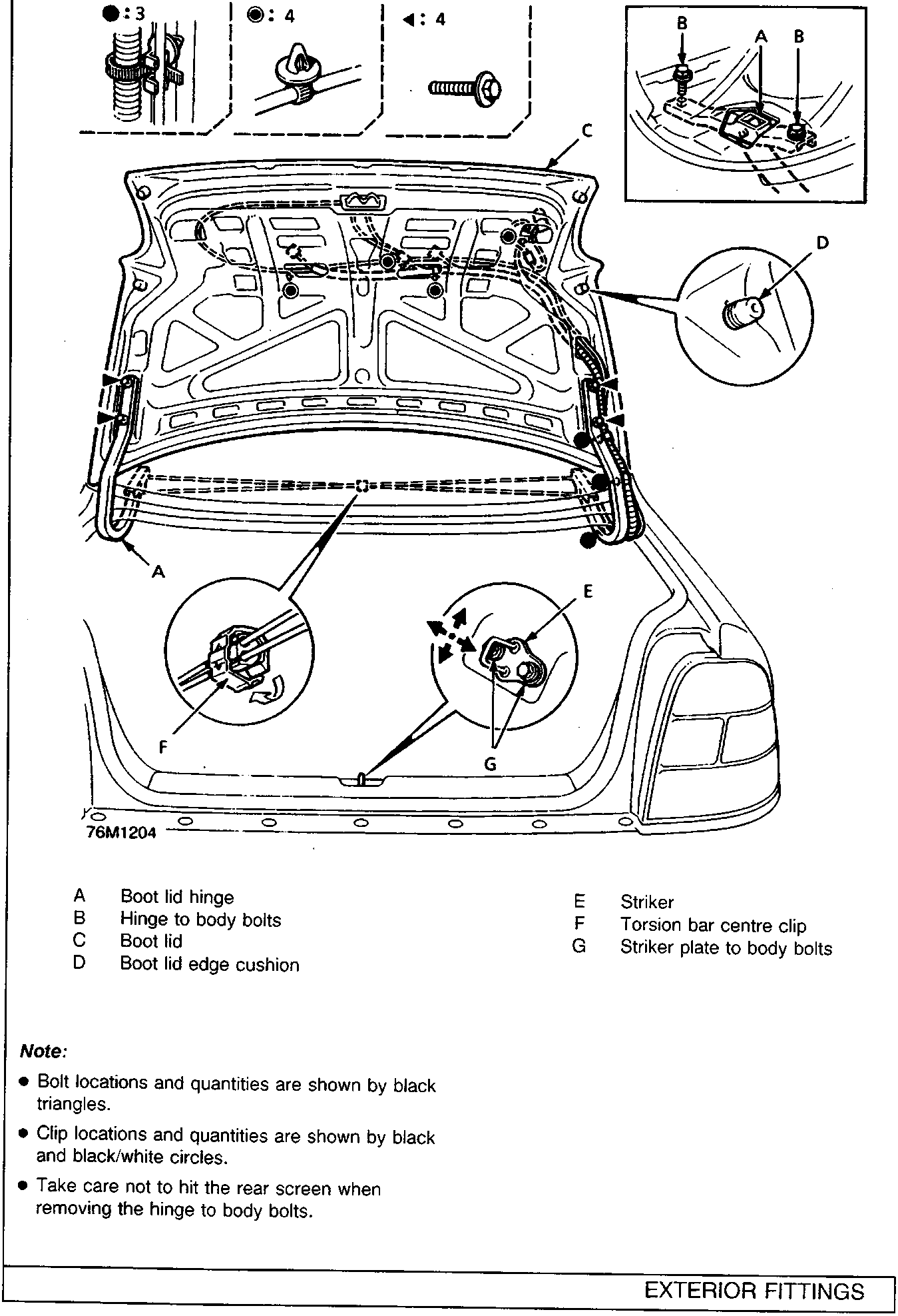 Diagram of boot lid showing hinge, striker, and fastener locations with callout letters A through G. Includes inset details for bolts, clips, and the torsion bar centre clip. Figure number 76M1204.