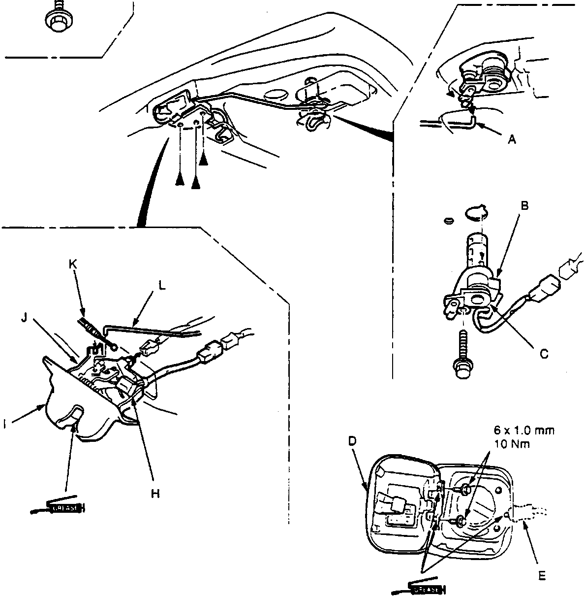 Diagram of boot lid latch and fuel lid latch assembly showing components A through L, including cylinder rods, switches, latches, covers, and opener cables. Torque specification 6 x 1.0 mm 10 Nm is indicated for the fuel lid.