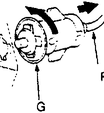 Close-up diagram of the fuel lid latch (G) and fuel lid opener cable (F) showing the connection point and rotation direction.